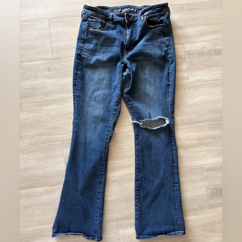 American Eagle Outfitters Distressed Boot Cut Jeans - Dark Blue